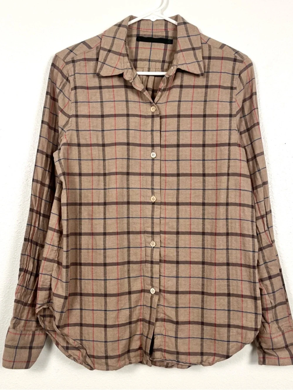 Jenni Kayne Lightweight Plaid Cotton Flannel Buttondown Shirt in Tan Beige - Picture 2 of 7